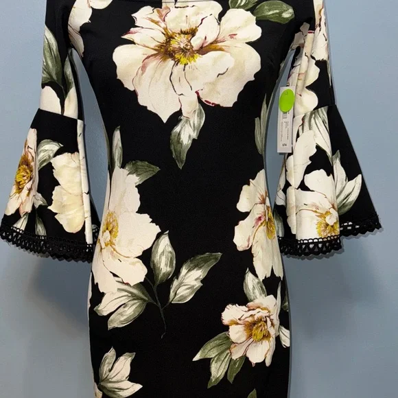 Premier Amour Chic Black Floral Midi Dress with Bell Sleeves Size 6 - Picture 3 of 13